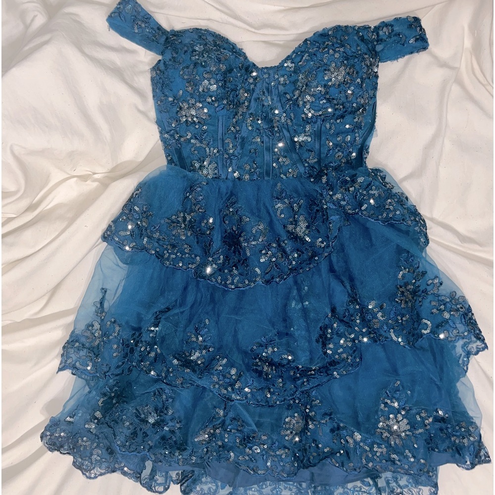 Peacock blue homecoming/dressy off the shoulder dress